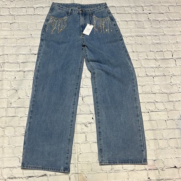 NWT Cider Rhinestone Pocket 100% Cotton Jeans M - Picture 2 of 4